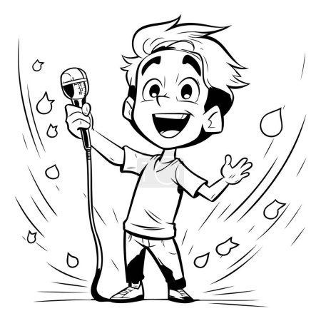 Illustration for Black and White Cartoon Illustration of a Kid Singing with Microphone - Royalty Free Image