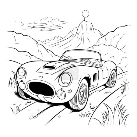 Ilustración de Coche de época en la carretera en las montañas. Ilustración vectorial. - Imagen libre de derechos