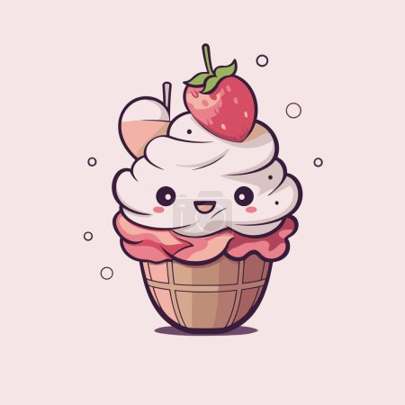 Illustration for Cute ice cream character with strawberry and cherry. Vector illustration. - Royalty Free Image
