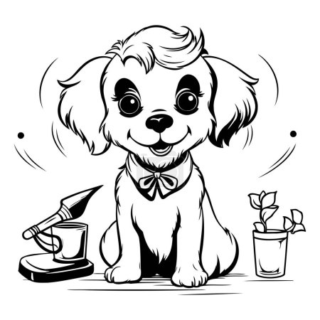 Illustration for Vector illustration of a cute dog with a bow tie and a watering can. - Royalty Free Image