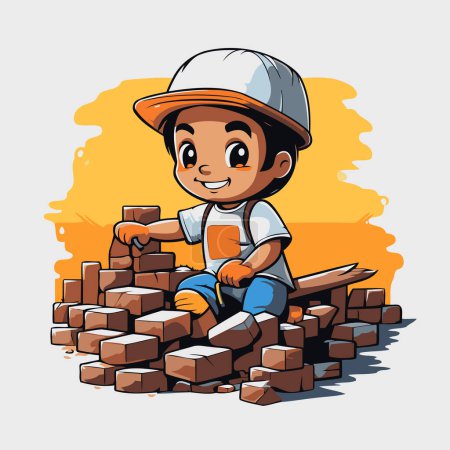 Téléchargez les illustrations : Cartoon boy construisant un mur de briques. Illustration vectorielle d'un enfant travailleur de la construction. - en licence libre de droit