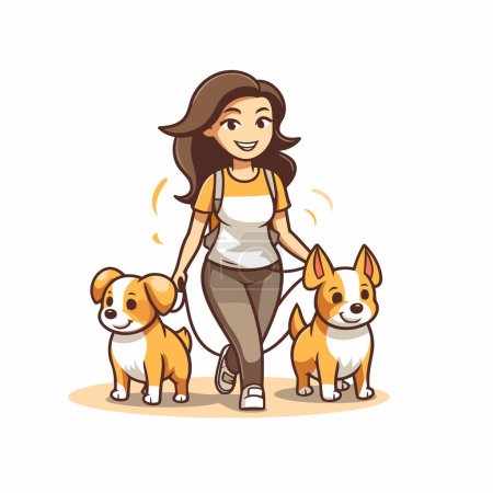 Téléchargez les illustrations : Jeune femme marchant avec des chiens. illustration vectorielle de dessin animé isolé sur fond blanc. - en licence libre de droit