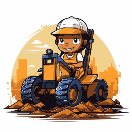 Illustration for Vector illustration of a cute little boy driving a tractor on a construction site - Royalty Free Image
