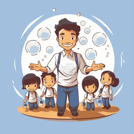 Téléchargez les illustrations : Père et enfants avec bulles de savon. Illustration vectorielle dans le style dessin animé. - en licence libre de droit