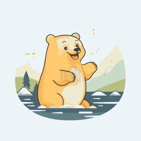 Ilustración de Bonito oso de dibujos animados en el fondo de las montañas. Ilustración vectorial. - Imagen libre de derechos