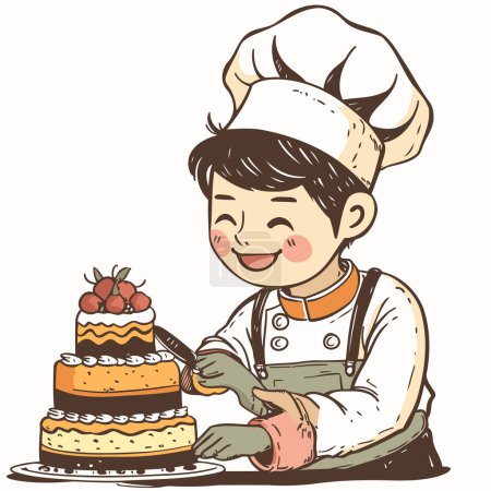 Téléchargez les illustrations : Illustration d'un garçon chef décorant un gâteau avec des fraises. - en licence libre de droit