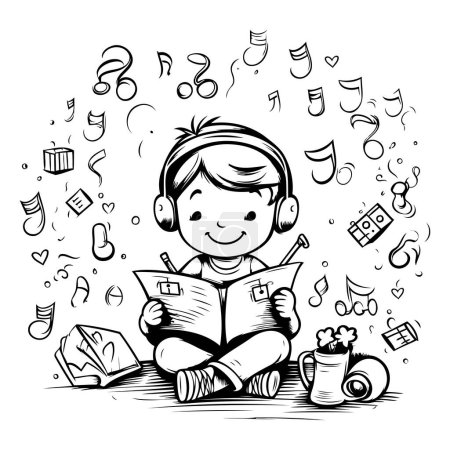 Téléchargez les illustrations : Illustration vectorielle d'un petit garçon lisant un livre avec des notes de musique. - en licence libre de droit