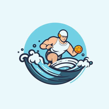 Téléchargez les illustrations : Joueur de water-polo avec ballon sur planche de surf. Illustration vectorielle. - en licence libre de droit