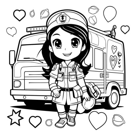 Illustration for Black and white vector illustration of a little girl in a firefighter uniform standing next to a fire truck. - Royalty Free Image