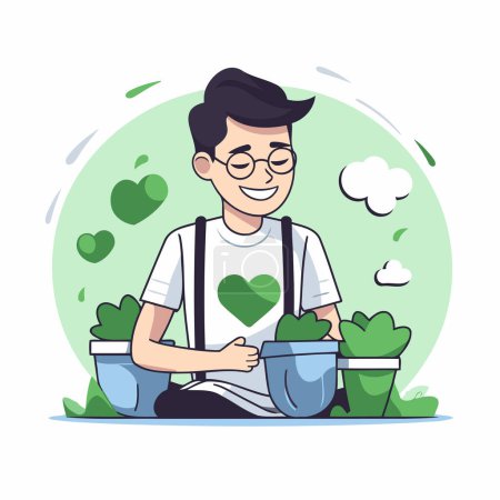 Illustration for Young man planting flowers in pots. Vector illustration in cartoon style. - Royalty Free Image