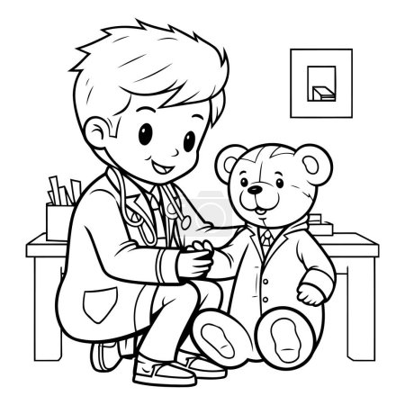 Ilustración de Ilustración vectorial de un médico examinando un oso de peluche. Libro para colorear - Imagen libre de derechos