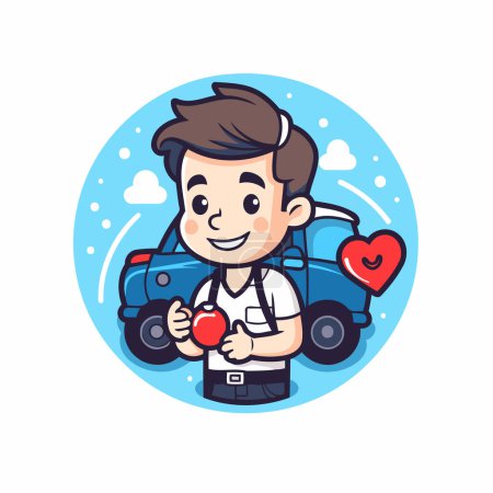 Téléchargez les illustrations : Joli garçon avec coeur et voiture. Illustration vectorielle Saint-Valentin. - en licence libre de droit
