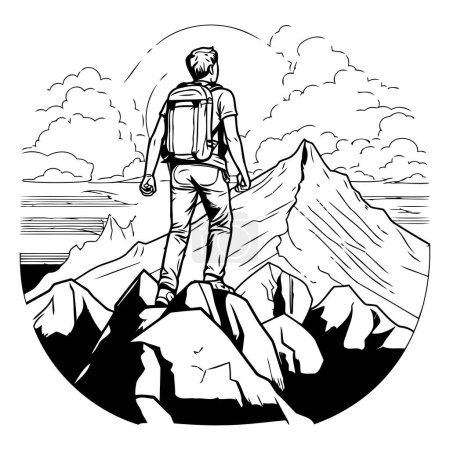 Illustration for Hiker standing on the top of the mountain. black and white vector illustration - Royalty Free Image