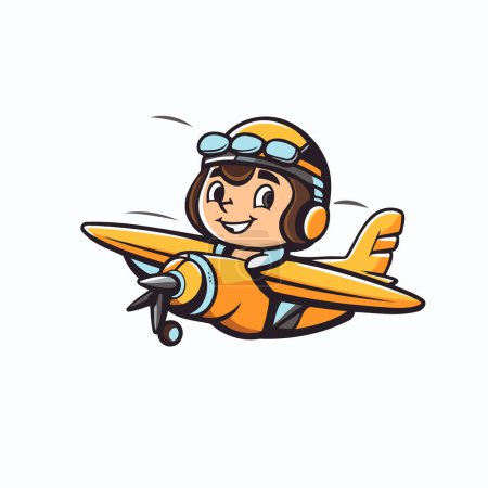 Téléchargez les illustrations : Pilote de bande dessinée avec un avion. Illustration vectorielle isolée sur fond blanc. - en licence libre de droit