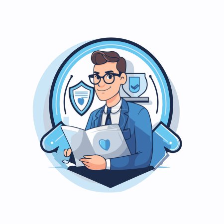 Illustration for Vector illustration of a businessman sitting in front of shield and holding documents - Royalty Free Image