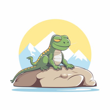 Illustration for Cute green lizard sitting on a rock in the mountains. Vector illustration. - Royalty Free Image