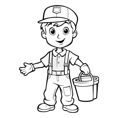 Téléchargez les illustrations : Illustration de dessin animé noir et blanc de mignon petit garçon habillé comme un plombier pour le livre à colorier - en licence libre de droit