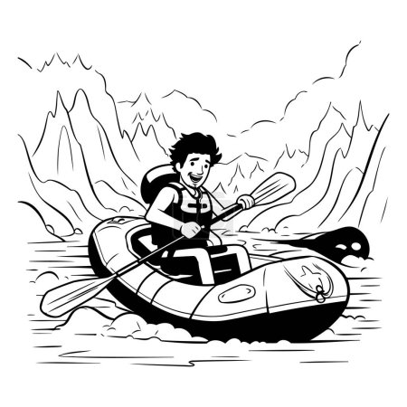 Illustration for Man paddling in a kayak. black and white vector illustration - Royalty Free Image