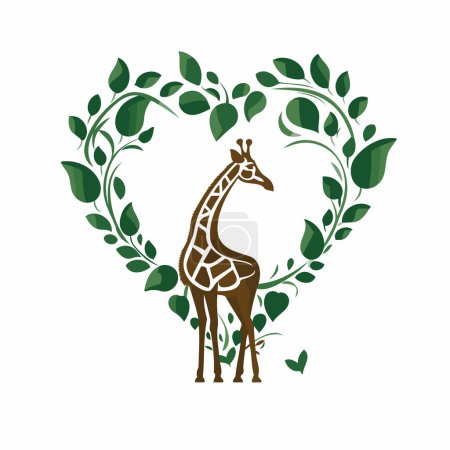 Téléchargez les illustrations : Girafe en forme de coeur avec des feuilles vertes. Illustration vectorielle. - en licence libre de droit