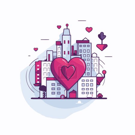 Illustration for Vector illustration in flat linear style with cityscape. skyscrapers and hearts. - Royalty Free Image