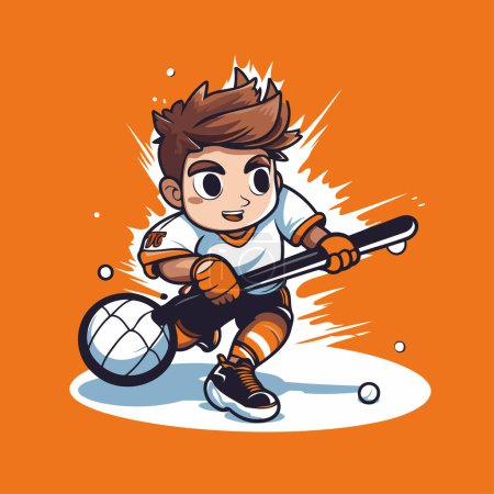 Illustration for Illustration of a boy playing hockey on an orange background. Vector illustration. - Royalty Free Image