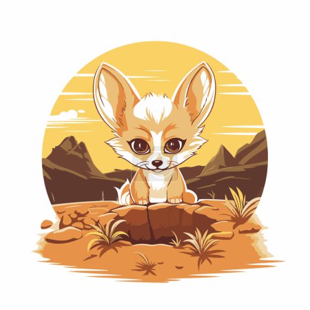 Ilustración de Bonito zorro sentado en la roca en el desierto. Ilustración vectorial. - Imagen libre de derechos