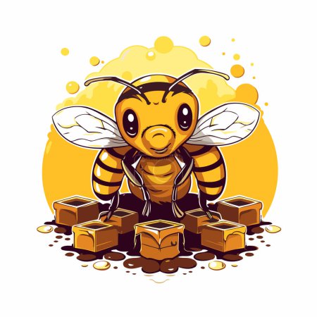 Illustration for Cute cartoon bee with honeycombs. Vector illustration isolated on white background. - Royalty Free Image