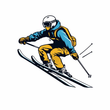Illustration for Vector illustration of a skier skiing downhill viewed from side on isolated background. - Royalty Free Image