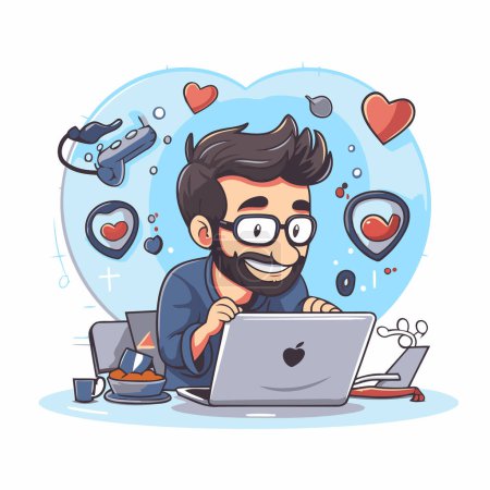Téléchargez les illustrations : Illustration vectorielle d'un homme avec une barbe et des lunettes travaillant sur un ordinateur portable. - en licence libre de droit