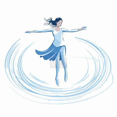 Téléchargez les illustrations : Belle fille en robe bleue sautant sur une vague. Illustration vectorielle. - en licence libre de droit