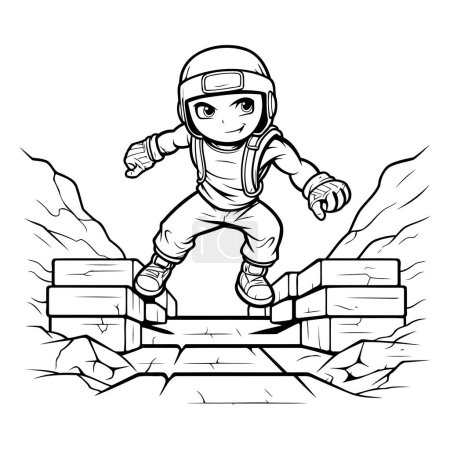 Illustration for Astronaut running over a wall of bricks. Vector illustration. - Royalty Free Image