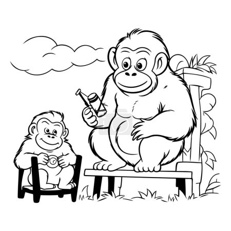 Ilustración de Mono y mono sentados en un banco. Ilustración vectorial para colorear libro. - Imagen libre de derechos