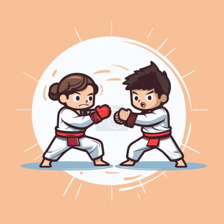 Illustration for Boy and girl fighting karate. Vector illustration. Cartoon style. - Royalty Free Image