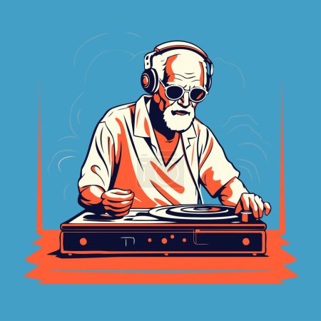 Téléchargez les illustrations : Vieil homme DJ avec écouteurs et tourne-disque. Illustration vectorielle. - en licence libre de droit