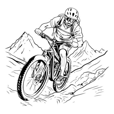 Illustration for Mountain biker riding on a steep slope. sketch vector illustration - Royalty Free Image