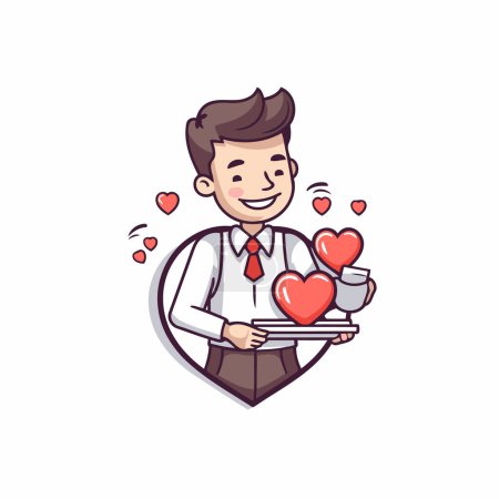 Ilustración de Ilustración vectorial de San Valentín. Hombre de dibujos animados sosteniendo una bandeja con corazones - Imagen libre de derechos