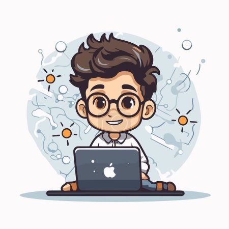 Illustration for Cute boy with laptop. Vector illustration in a flat style. - Royalty Free Image