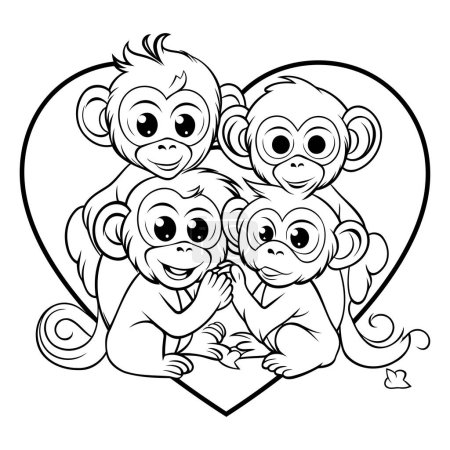 Téléchargez les illustrations : Famille de singes avec cœur - Illustration de bande dessinée en noir et blanc. Vecteur - en licence libre de droit
