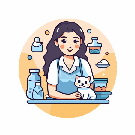 Illustration for Woman in apron with cat in her hands. Flat vector illustration. - Royalty Free Image
