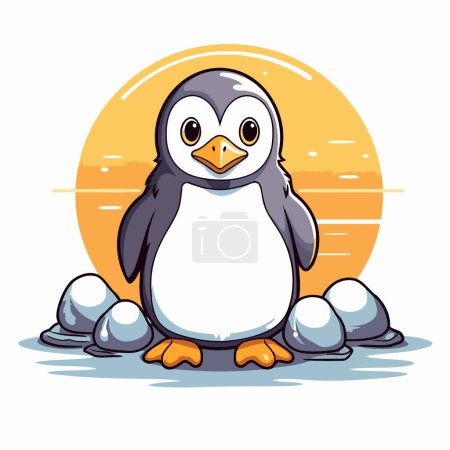 Téléchargez les illustrations : Mignon pingouin dessin animé avec soleil sur fond. Illustration vectorielle. - en licence libre de droit