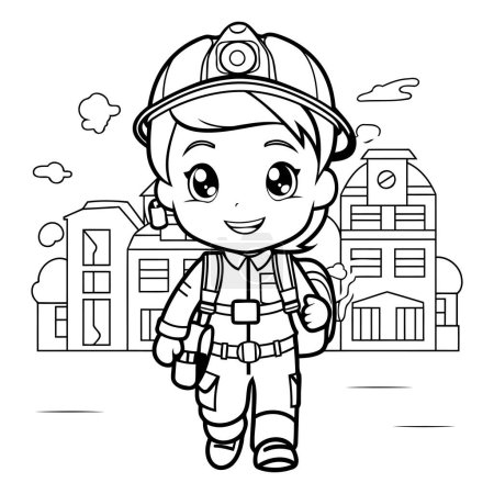 Ilustración de Ilustración de dibujos animados en blanco y negro de lindo pequeño bombero o personaje de bombero para colorear libro - Imagen libre de derechos