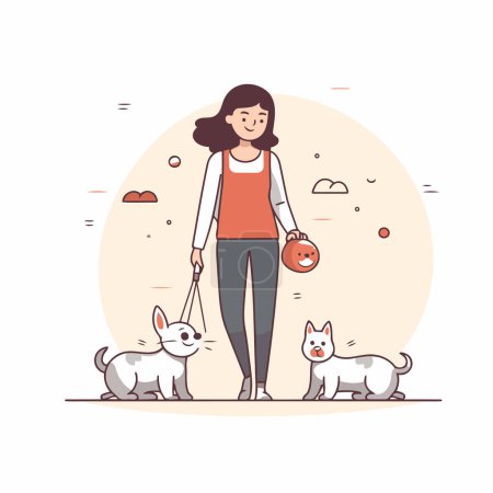 Téléchargez les illustrations : Femme marchant avec des chiens. Illustration vectorielle dans un style plat. Caractère de bande dessinée. - en licence libre de droit