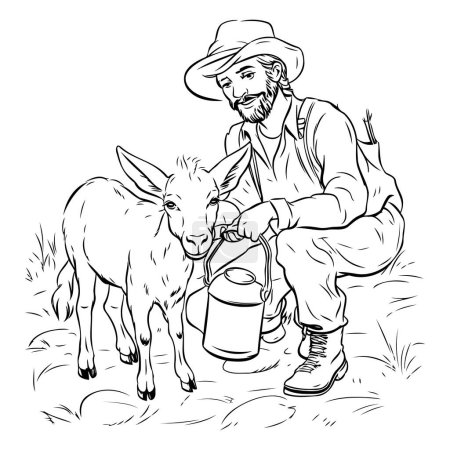 Téléchargez les illustrations : Agriculteur avec une boîte de lait et une chèvre à la ferme. illustration vectorielle - en licence libre de droit