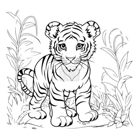 Illustration for Tiger in the jungle. Black and white vector illustration for coloring book. - Royalty Free Image