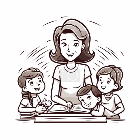 Téléchargez les illustrations : Mère et enfants lisant un livre. Illustration vectorielle d'une famille heureuse lisant un livre. - en licence libre de droit
