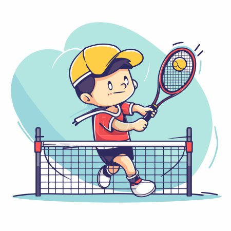 Téléchargez les illustrations : Un garçon de dessin animé jouant au tennis. Illustration vectorielle d'un garçon jouant au tennis. - en licence libre de droit