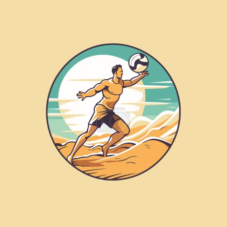 Illustration for Soccer player with ball on the beach. Vector illustration in retro style - Royalty Free Image