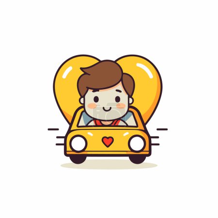 Téléchargez les illustrations : Joli garçon conduisant une voiture avec le cœur à la main. Illustration vectorielle. - en licence libre de droit