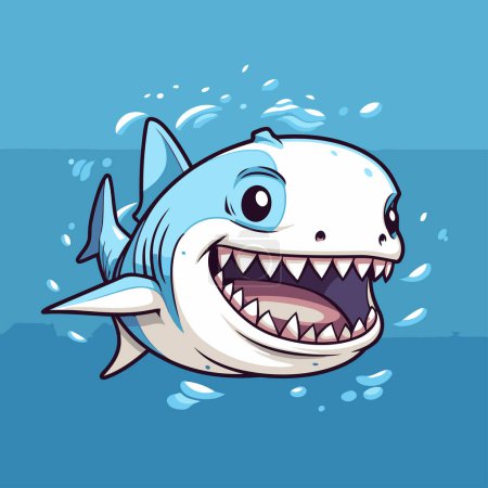 Téléchargez les illustrations : Illustration vectorielle de dessin animé de requin. Mignon requin avec de grandes dents. - en licence libre de droit