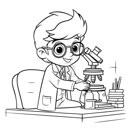 Téléchargez les illustrations : Scientifique garçon avec microscope et livres. illustration vectorielle noir et blanc - en licence libre de droit